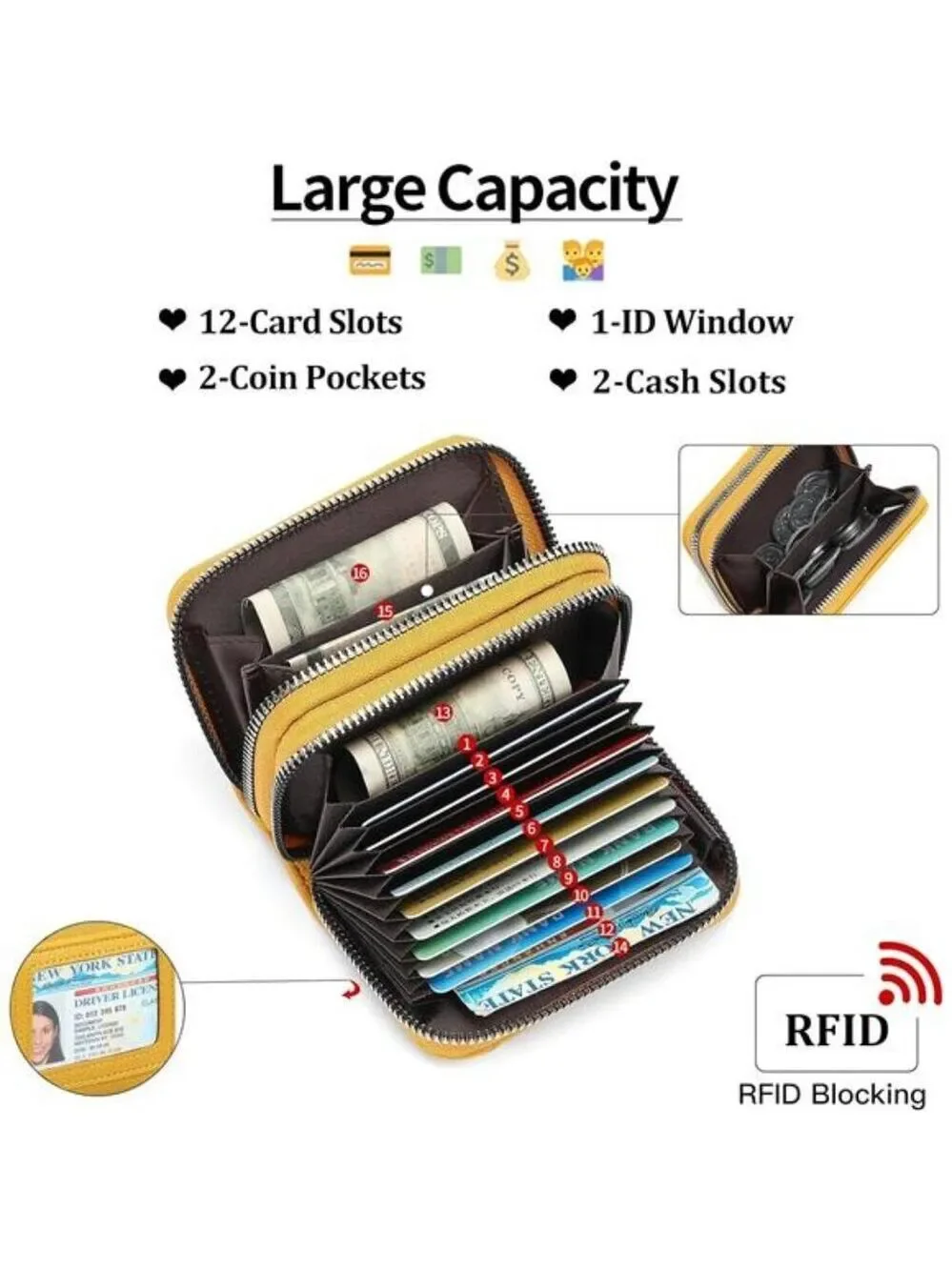 RFID Leather Card Holder Small Wallet for Women Double Zipper ID Coin Purse